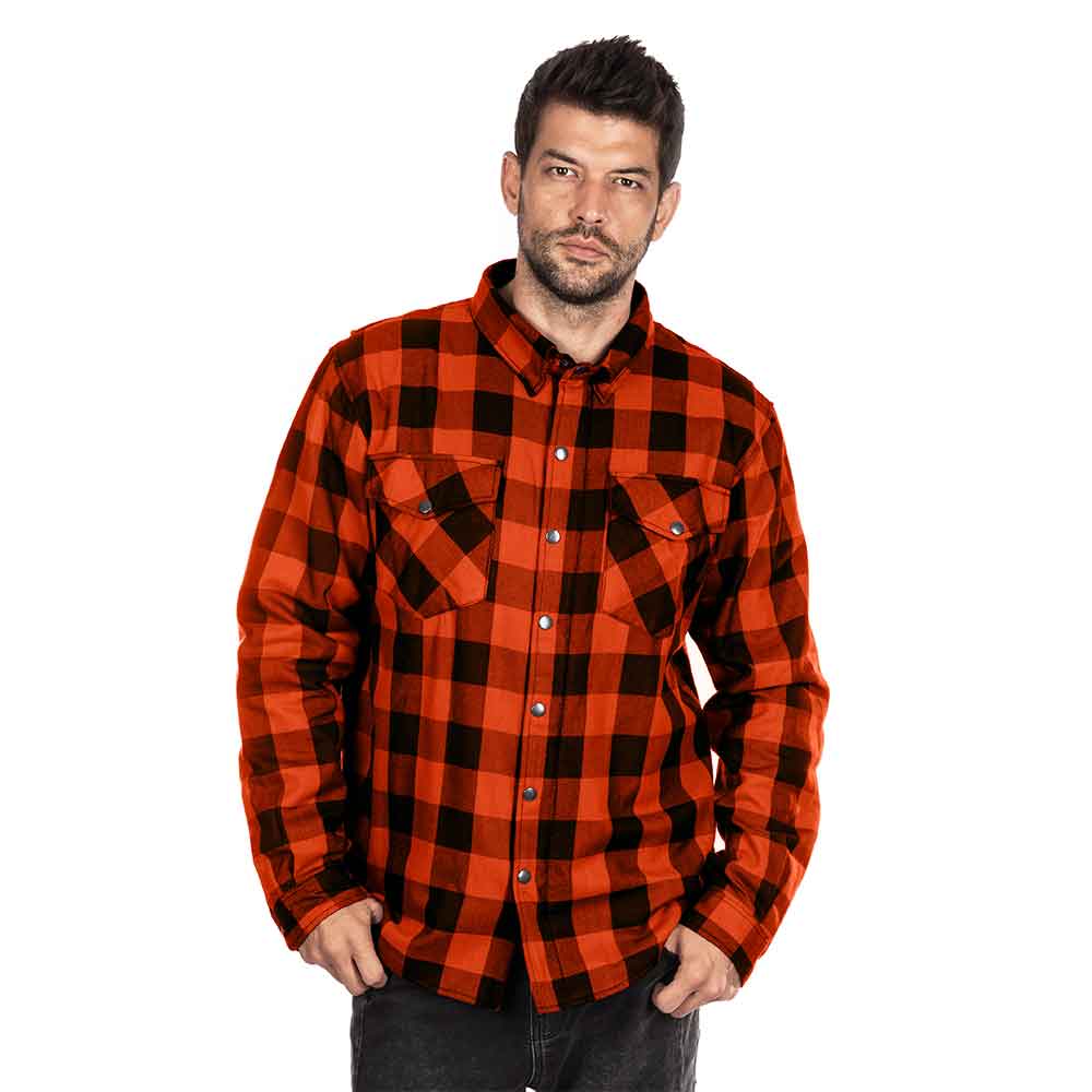 Men’s Orange & Black Armored Flannel Biker Shirt w/ Reinforced Fibers